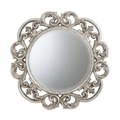 Round Ornate Silver Wall Mirror Carved Frame