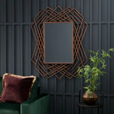 Bold Geometric Copper Metal Framed Rectangular Wall Mirror