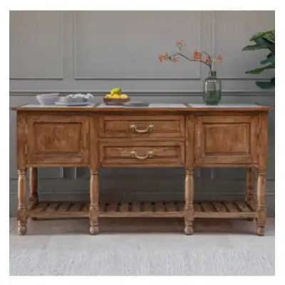 Large Wide Wood Sideboard Open Base Marble Top 180cm Wide