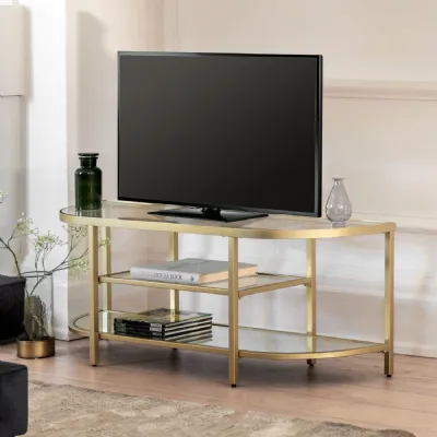 Champagne Gold Metal TV Media Unit with Glass Shelves