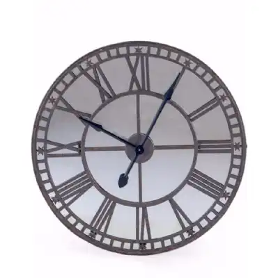 Grey Metal Round Wall Clock with Mirrored Face