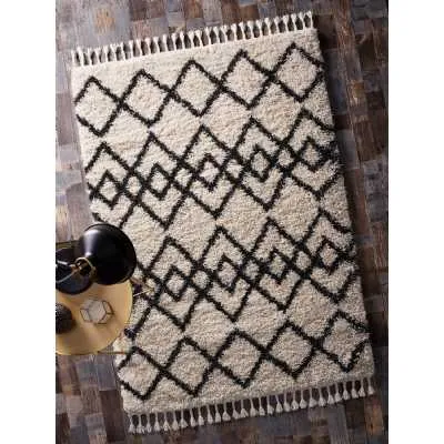 Origins Morocco Ivory White and Charcoal Grey Pattern Rug with Tassel 160x230cm