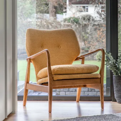 Ochre Boucle Fabric Buttoned Back Armchair with Oak Frame
