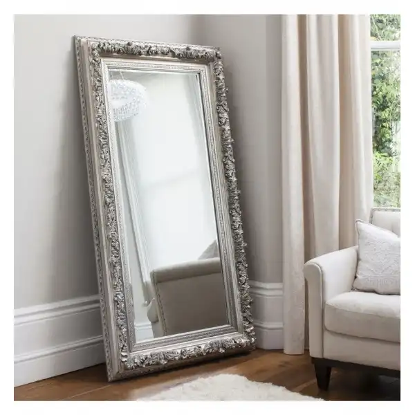 Large Ornate Silver Painted Rectangular Leaner Mirror