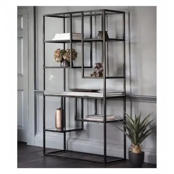 Black Metal and Mirrored Open 7 Shelves Display Unit