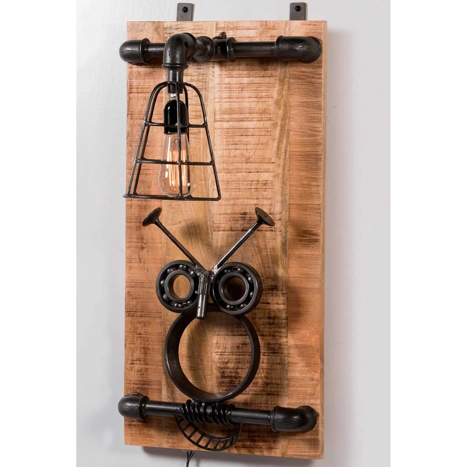 Upcycled Industrial Style Reclaimed Wood Black Owl Design Wall Mounted Lighting Lamp 37x30x74cm
